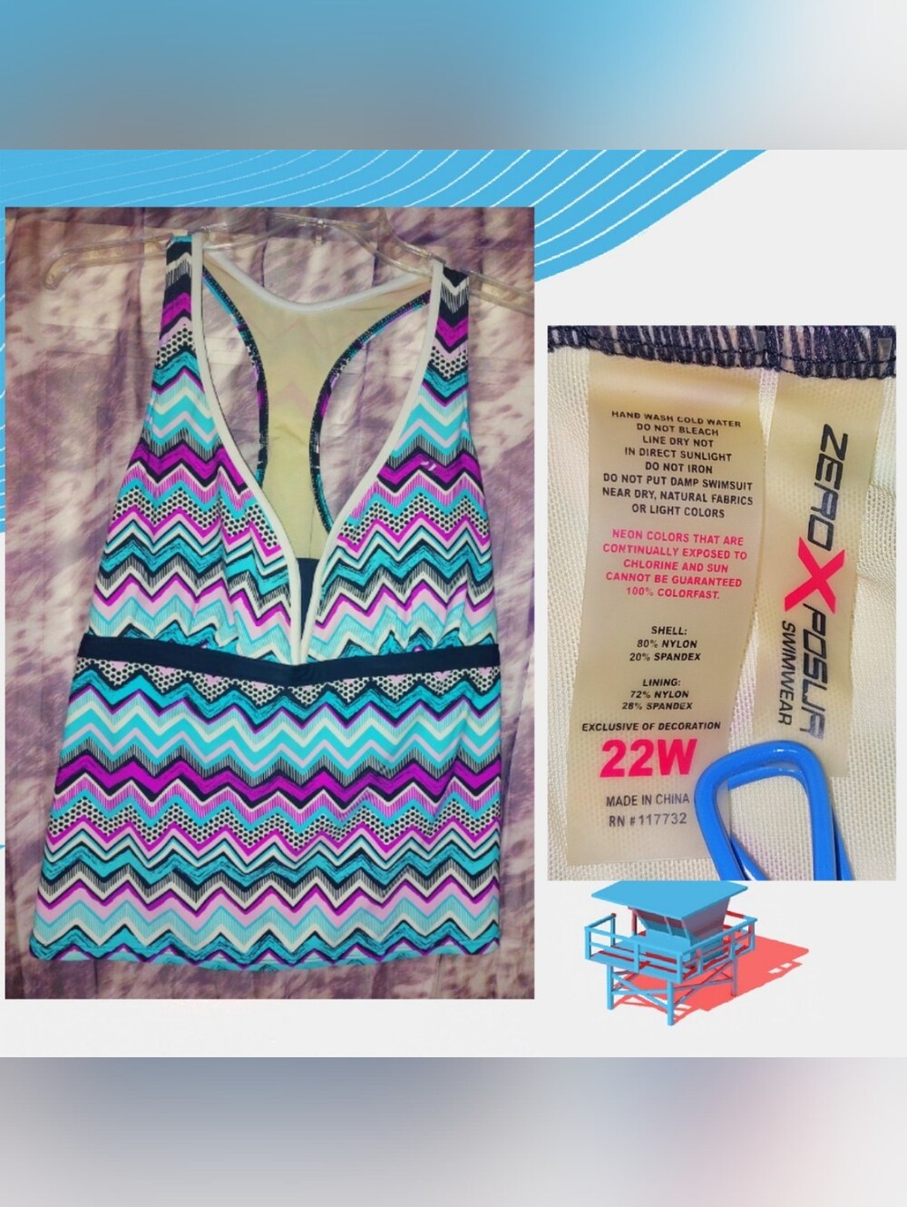 ZeroXPosur brand White/Multicolor Chevron Print Swim Tankini Top Sz 22W